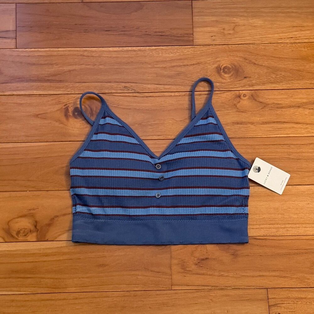 Women Lucky Brand Lightly Padded Bralette Sports Bra Blue Stripped Size Medium